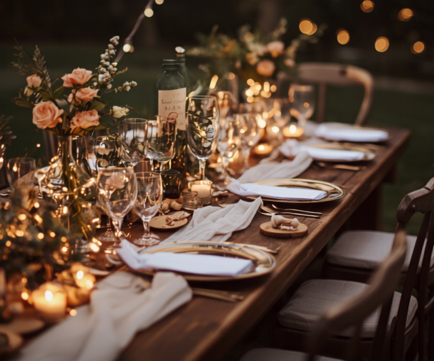 Elegant candlelit wedding table setting with floral centrepieces