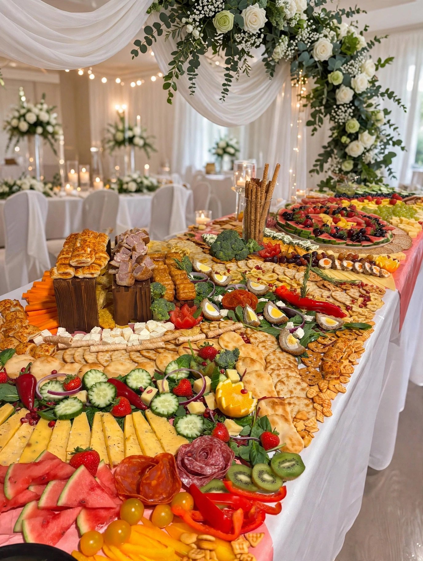 Full length wedding banquet grazing spread with fresh fruit and charcuterie